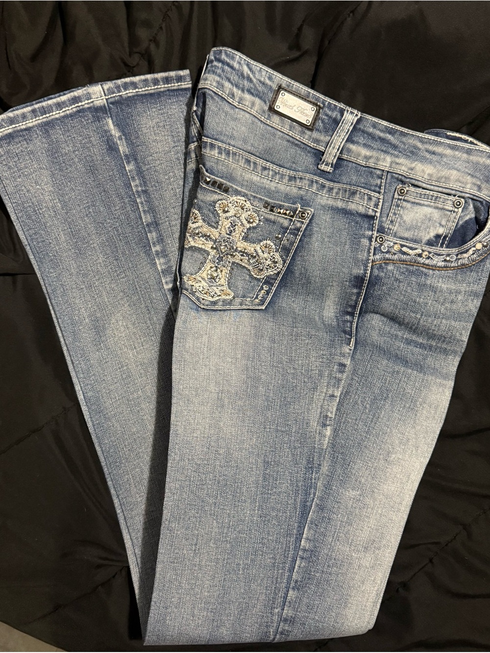 Wired Heart Y2K Cross Embellished Bootcut Jeans Size 29